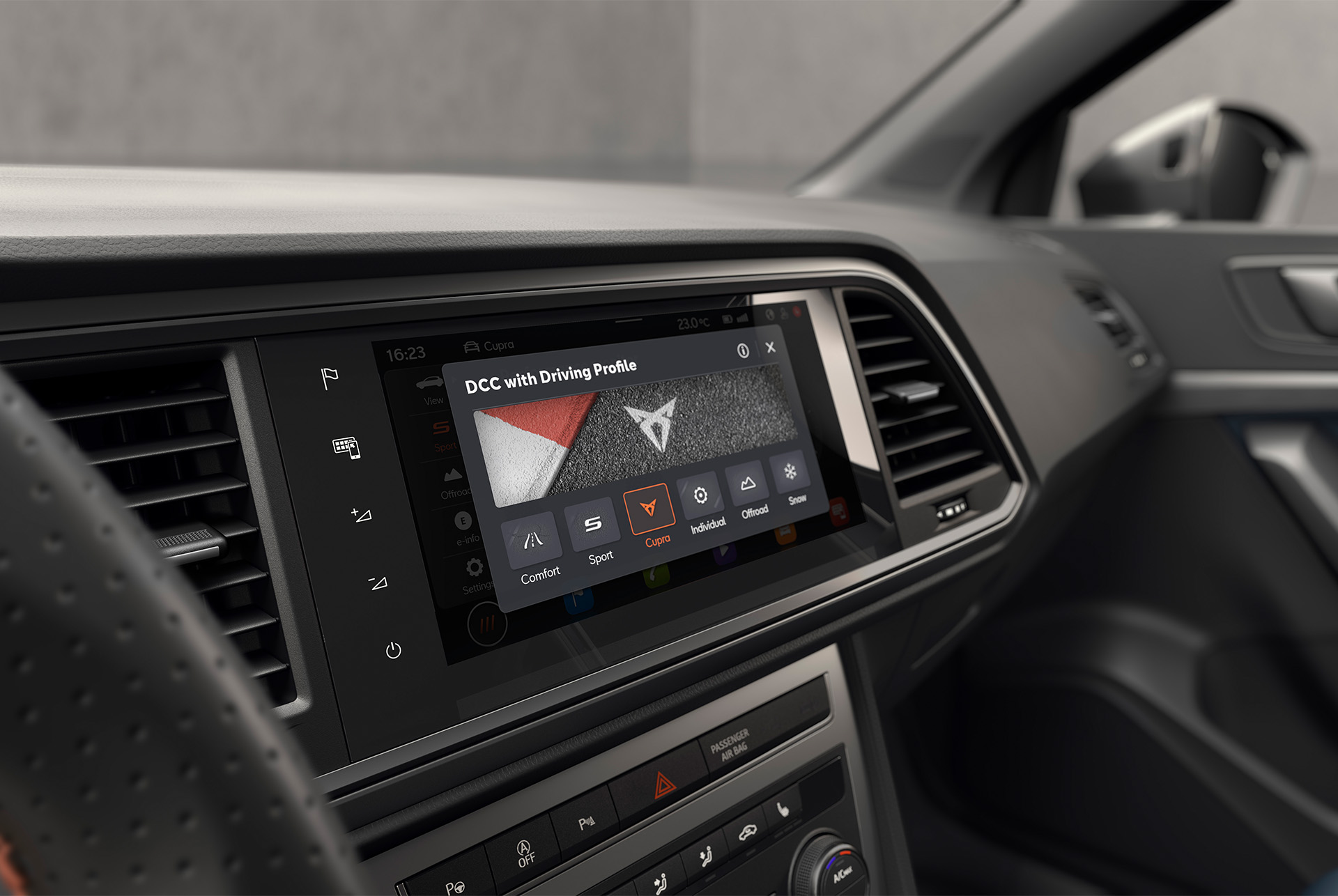 The CUPRA Ateca dashboard screen displaying DCC with Driving Profile settings. Harness race-level command with CUPRA Drive mode for full power performance.